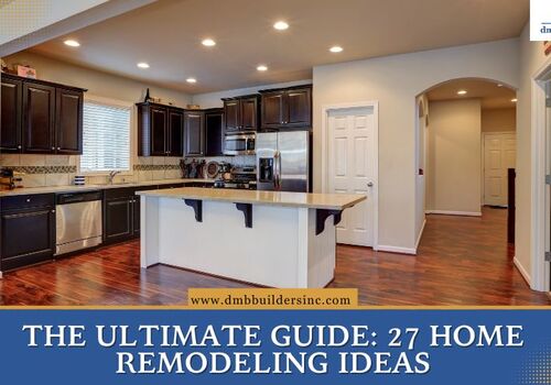 Modern kitchen renovation featuring dark wood cabinets, a light island, stainless steel appliances, and dark hardwood floors with text reading "The Ultimate Guide: 27 Home Remodeling Ideas."