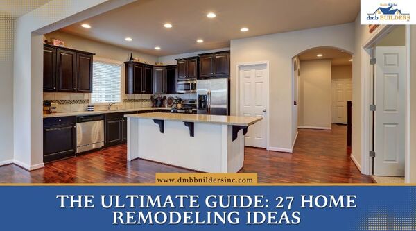 Modern kitchen renovation featuring dark wood cabinets, a light island, stainless steel appliances, and dark hardwood floors with text reading "The Ultimate Guide: 27 Home Remodeling Ideas."