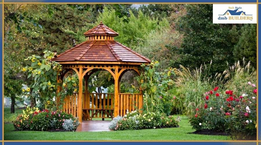 Freestanding backyard gazebo with solid pitched roof for full shade and rain protection