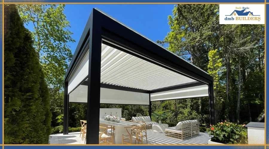 Louvered pergola with motorized adjustable roof slats for sun or rain control