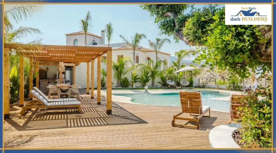 A modern backyard pergola with open-lattice roof
