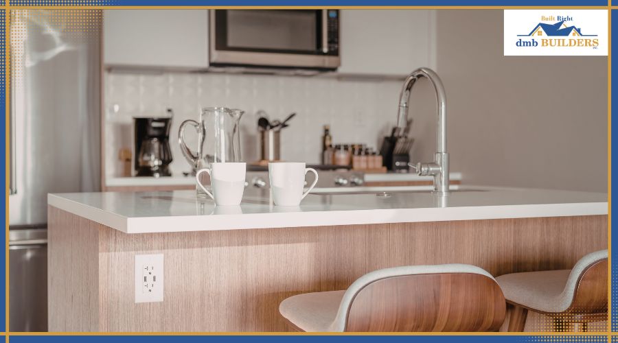 A dedicated secondary work zone featuring a coffee station to prevent bottlenecks in the main kitchen layout.