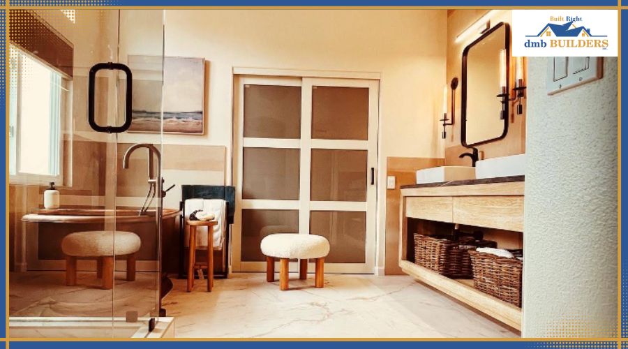 A spacious, spa-like bathroom with a wooden vanity, marble flooring, and a glass-enclosed shower.