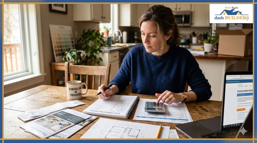 A homeowner using a calculator and reviewing documents to plan their home renovation budget.