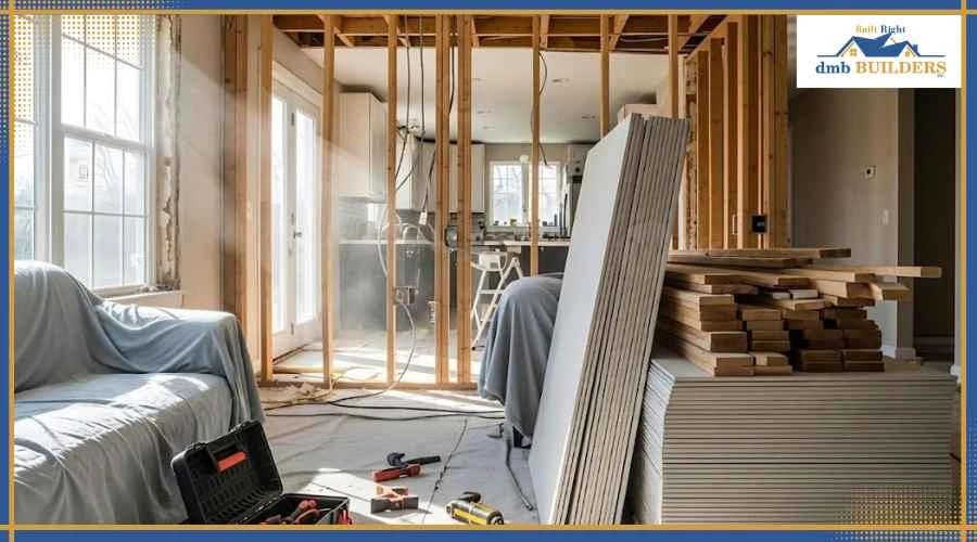 Structural framing lumber and insulation installed inside a home renovation project
