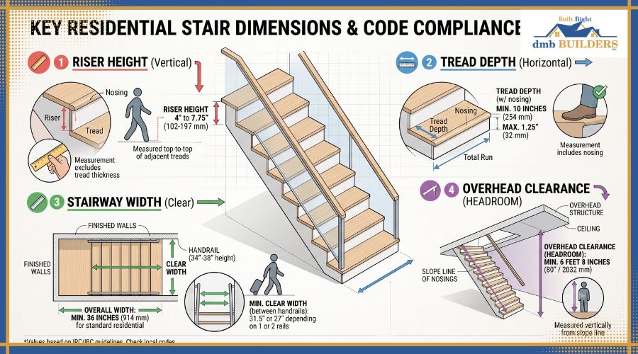 Diagram illustrating key stair dimensions including riser height, tread depth, stairway width, and overhead clearance.