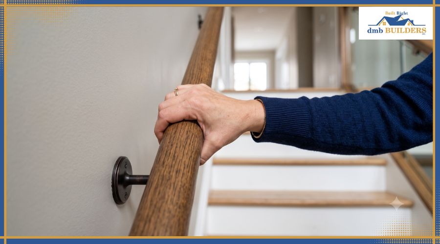 Close-up of a hand gripping a continuous, code-compliant residential stair handrail.